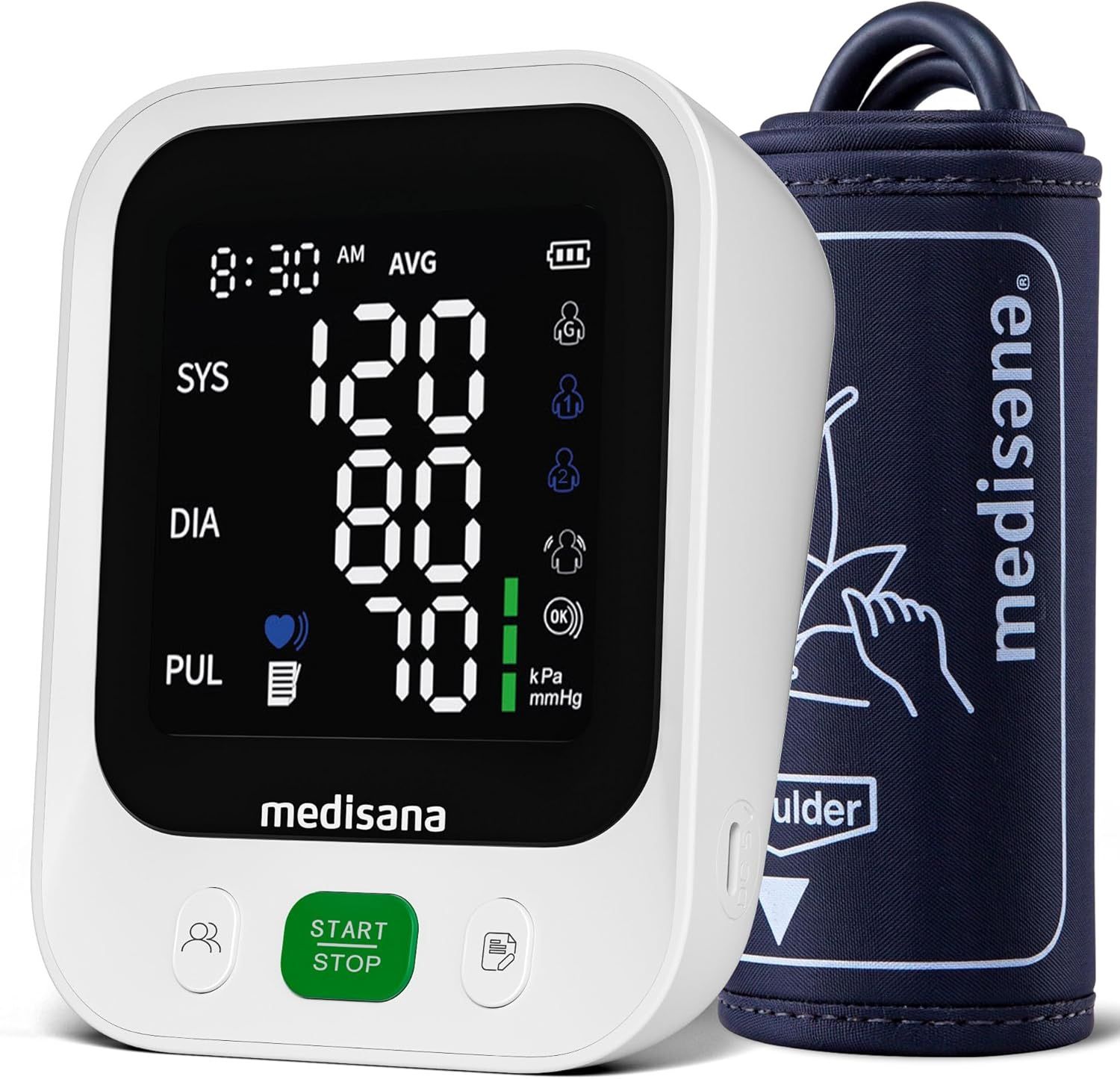 Blood Pressure Monitor with 2x199 Sets Memory, Medisana Automatic Upper Arm Blood Pressure Monitor for Home Use, 4.5" Color LED Backlit Display, Adjus