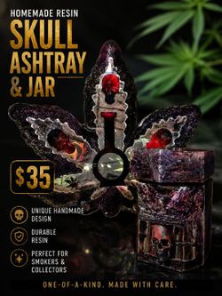 Homemade resin art. Skull themed ashtray and jar.