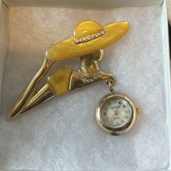 Pretty Bonetto Rhinestone Brooch With Watch 