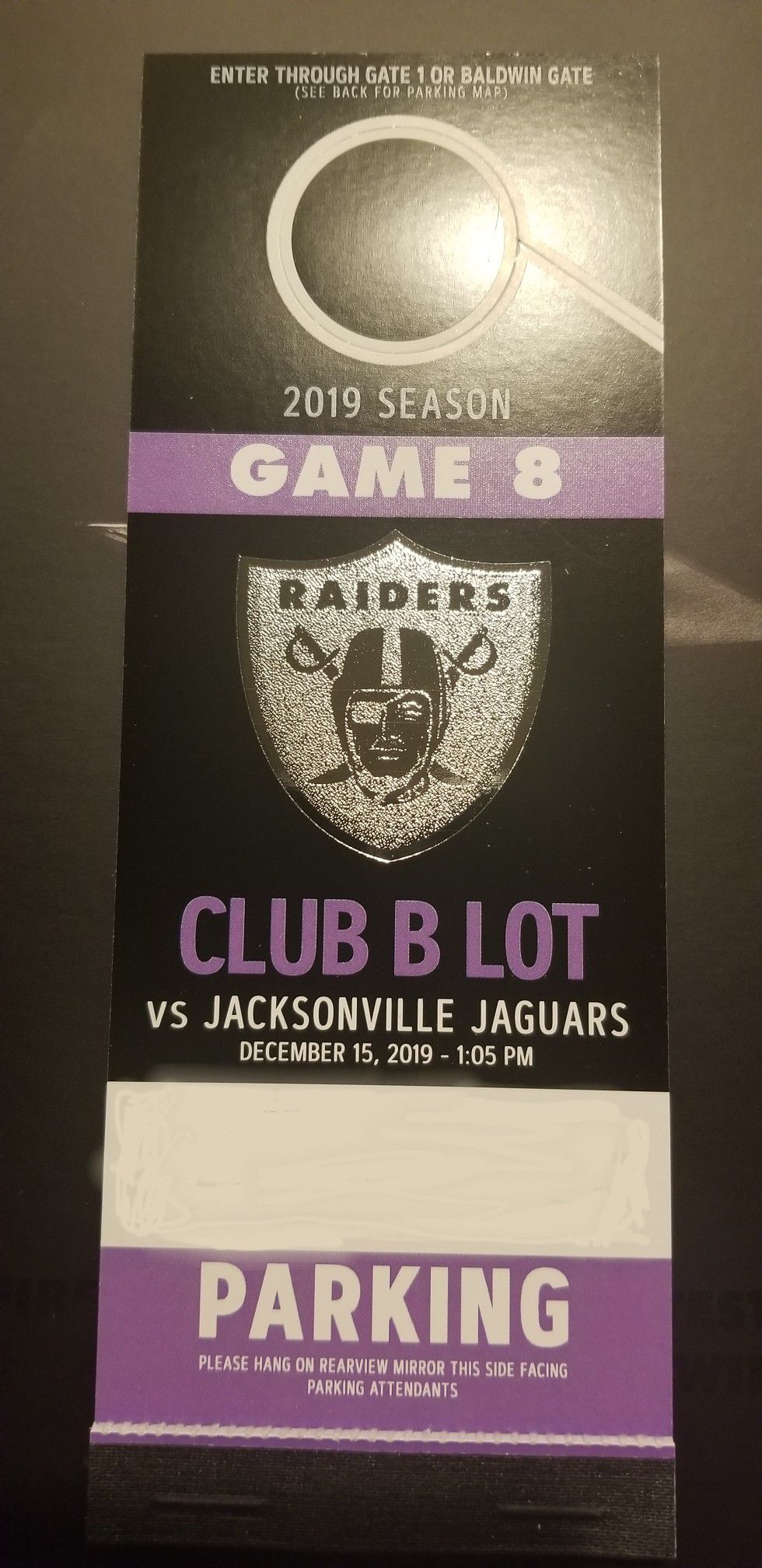Oakland Raiders vs Jaguars Club B Lot Parking Pass VIP Parking Permit