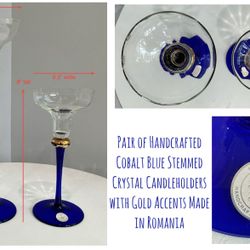Pair of Handcrafted Cobalt Blue Stemmed Crystal Candleholders with Gold Accents Made in Romania