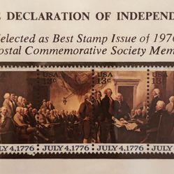 1976 BICENTENNIAL POSTAL COMMEMORATIVE SOCIETY SHEET STAMPS of DECLARATION OF INDEPENDENCE 0.13 Cents x 50 ONE COMPLETE POSTAL SHEET - MINT