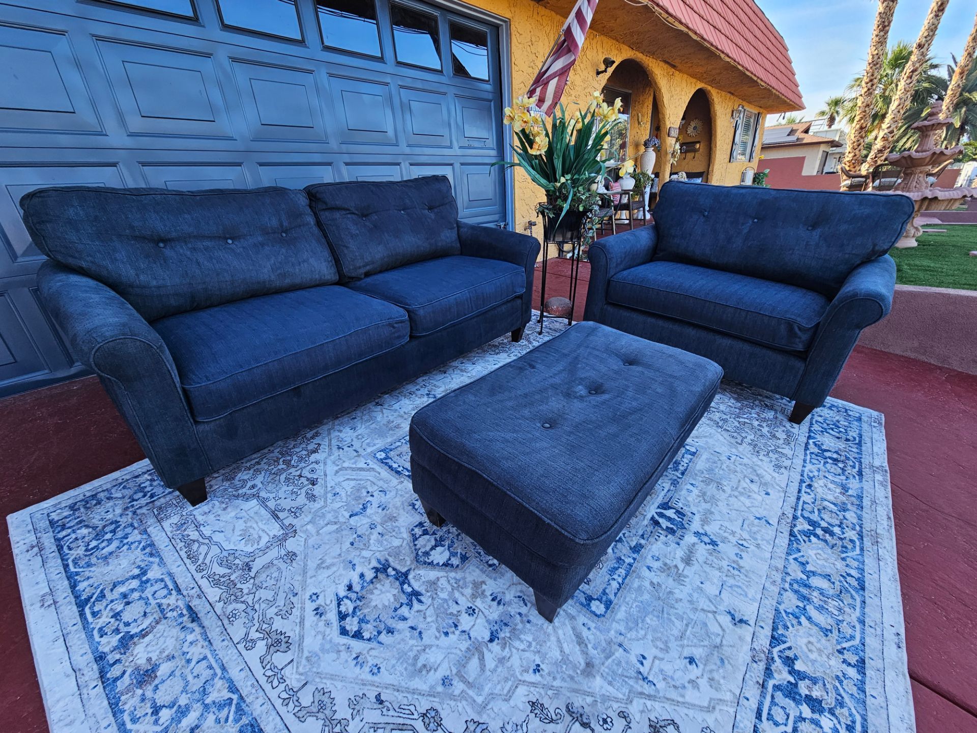 Beautiful Set Couch With Ottoman Totally Deep Clean Good Condition Lazyboy Furniture blue color made Fabric no stains no smell comfortable to sit