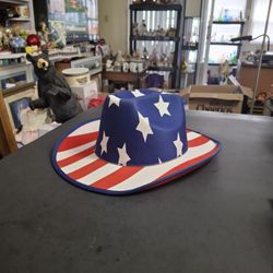 Patriotic Cowboy Hat, Classic American Flag Design W/White Stars On Blue Crown & Red & White Stripes On Brim.100% Polyester, New No Tag
