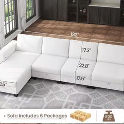 🟢 White L-Shaped Couch with USB+Type-C Ports, 5 Seat 