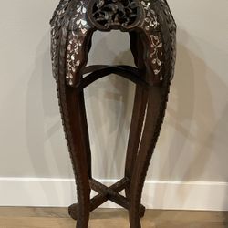 Antique rosewood marble top pedestal stand with mother of pearl inlaid