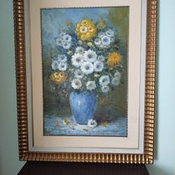Grande Y Decorativo Cuadro Pintado Al Óleo Con Elegante Marco De Madera