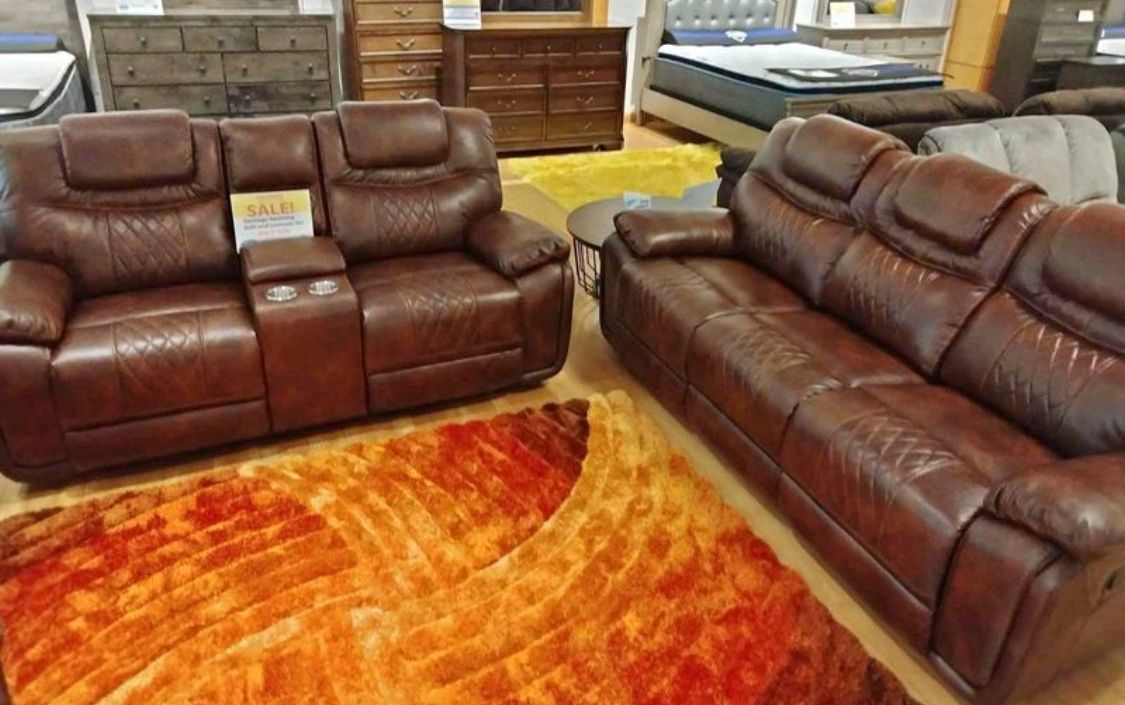 Summer sale event. Santiago Brown, leather reclining sofa and loveseat set now $1199. Easy finance option. Same day delivery.