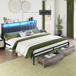 AMERLIFE LED Bed Frame with Drawers, King Platform Bed Frame with 2-Tier Storage & Leather Upholstered & Charging Station Headboard, No Box Spring Nee