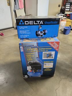 Air Compressor, Brad Nailer, and Bench Grinder