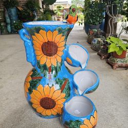 Turquoise Sunflower Talavera Water Fountain. Clay Pots, Planters,Pottery,Plants.