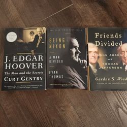 3 Non fiction Best Seller Books -Biography of Nixon, John Adams&Thomas Jefferson, J.Edgar Hoover, Excellent condition.