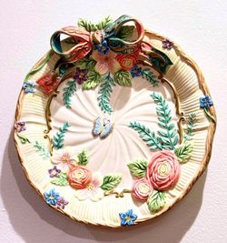 Vintage Decorative Floral Ceramic Plate with Ribbon & Butterfly