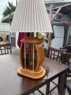 Vintage 1982 Oak Wood Table Lamp with Amber Glass Panels - Works Great