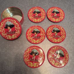 Vintage Coca Cola Coke Old Fashioned Tin & Coaster Set