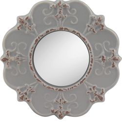 Decorative Round Antique Gray Ceramic Wall Mirror, Vintage Home Décor for Living Room, Kitchen, Bedroom, or Hallway