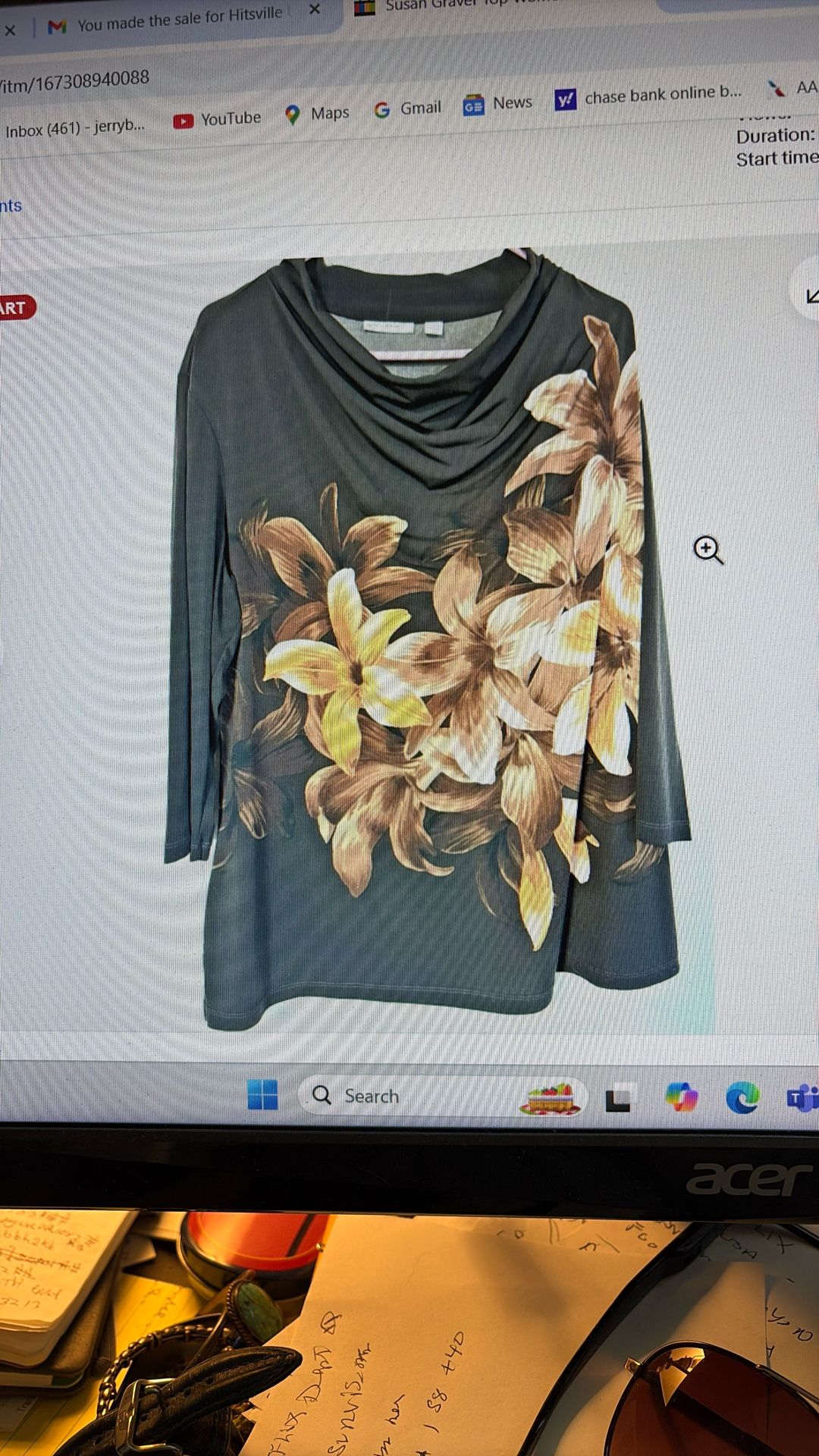 Susan Graver Women’s Top Sz-1X Black Floral Liquid Knit Tunic Cowl Neck