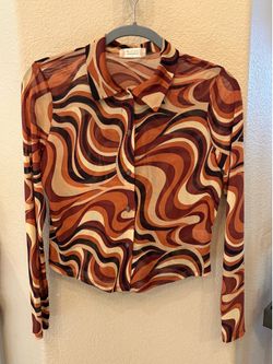 ALTAR’D STATE Brown Earthy Color Retro Swirl Sheer Long Sleeve Shirt Size Small