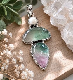 Natural Fluorite & Pearl Gemstone 2.8” Silver Pendant