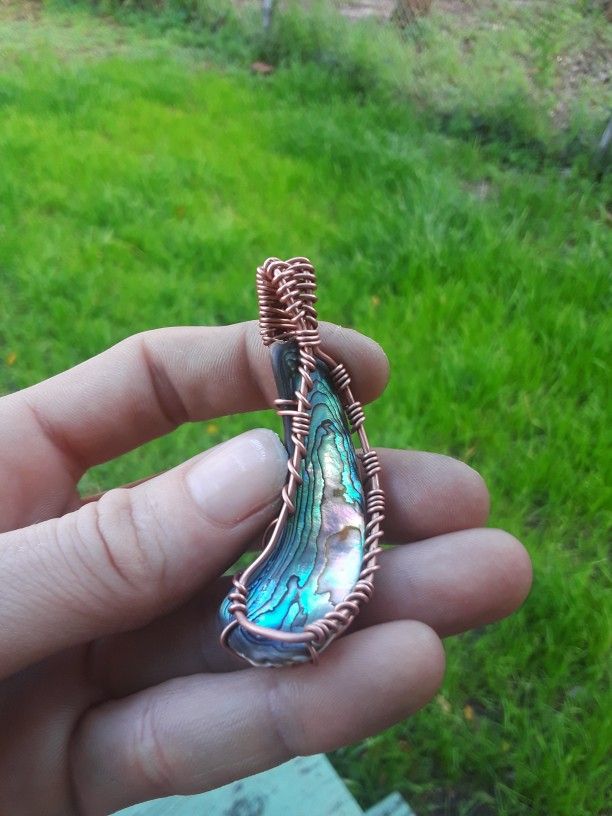 Abalone Wire Wrap Pendant Handmade (Comes On A Hemp Necklace With Clasp)