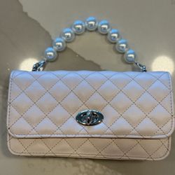 Vegan Pleated Leather Pearl Handbag With Silver Chain