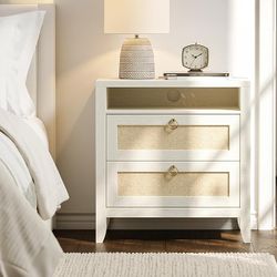 Dowinx 23.6" White Night Stand with Charging Station, 2 Drawers and Storage Shelf, Rattan