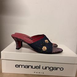  Emanuel Ungaro  Beaded Lizard& Denim Leather Mules