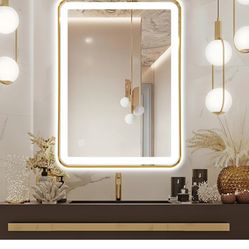 TheiaMo 20"x32" Gold LED Mirror for Bathroom, Metal Frame Metal frame Rectangle Mirror with Rounded Edges, Stepless Dimmable Wall Mirrors with Anti-Fo