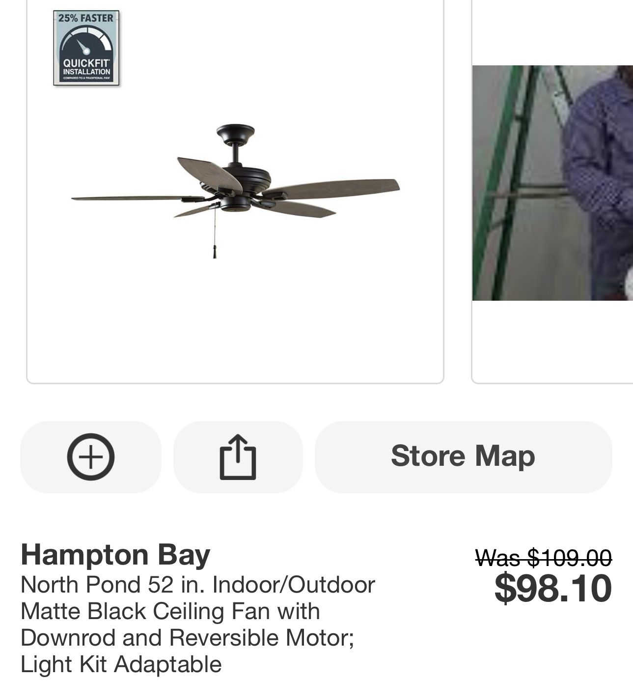 Ceiling Fan, 52” Hampton Bay “ North Pond” Indoor/outdoor Matte Black Finish