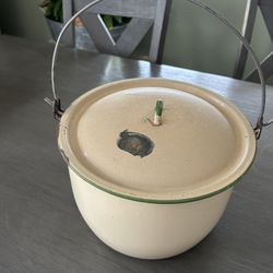 Vintage Cream Enamel Pot with Brown Rim