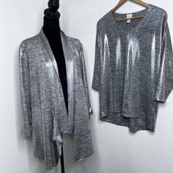 Chico’s Elegant Silver Metallic Women's Sweater Set 2pieces Sz: 2 (L) #glamour