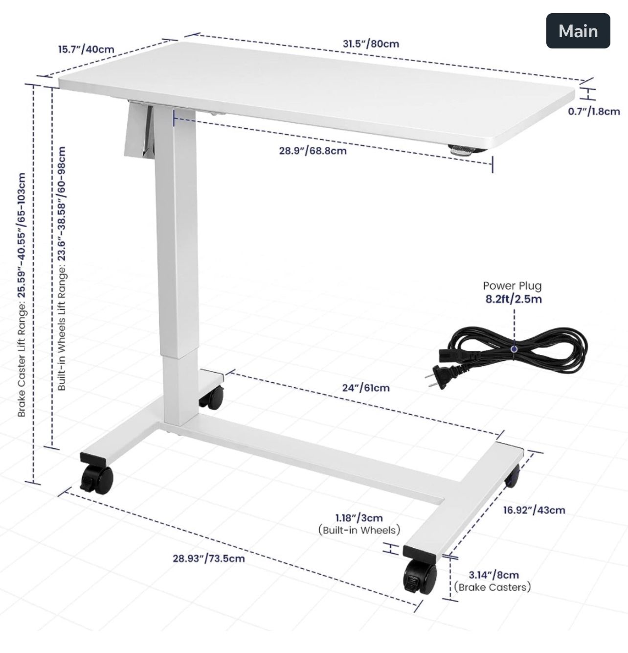TOPSKY Electric Height Adjustable Overbed Bedside Table with Wheels for Home Off