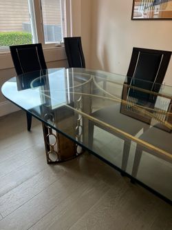 Glass Top 1 inch thick Dining Table with solid metal gold base