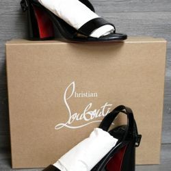 Christian Louboutin Women's Miss Sabina Heeled Sandals Black Patent 85 (Size 37) GUARANTEED AUTHENTIC W PROOF OF PURCHASE