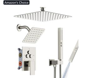 Shower Faucet Set Shower System - EMBATHER Brushed Nickel Push Button Diverter Dual Shower Faucet Valve Kit with Rain Ceiling Mount 10 Inch Shower Hea