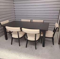 Dark Wood Dining Table with 6 Upholstered Chairs - Can Deliver