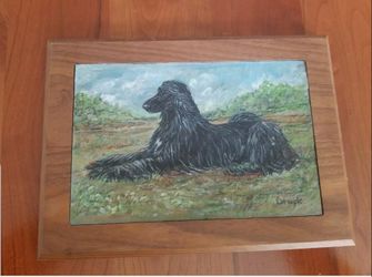 Original Oil Painting Of Shaggy Black Dog On Slate Framed In Wood. 8×12" $150