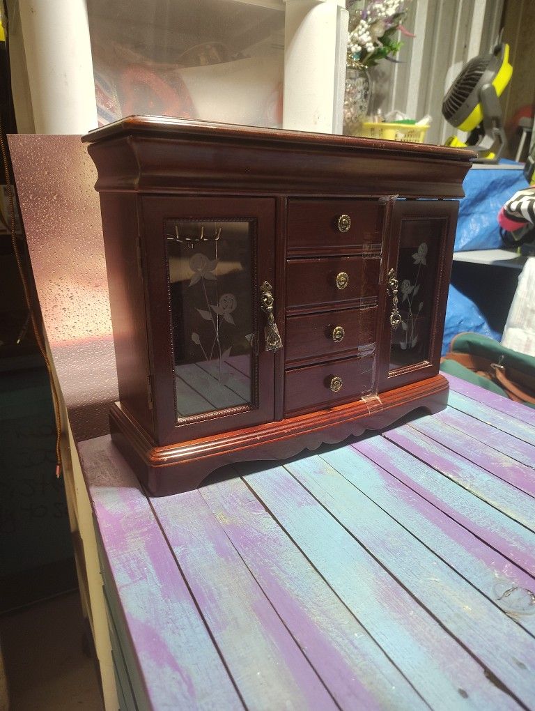 Vintage Jewelry Armoir Wood with Etched Glass