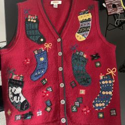 Talbots Red Sweater Vest Hand Knit Christmas Petite Medium 