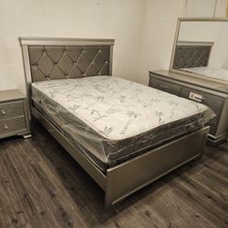 Brand New 6 Pcs Bedroom Set Silver Bed, 1 Night, Dresser, Mirror, Matt & Boxspring Queen $899 Full: $889 King: $1199