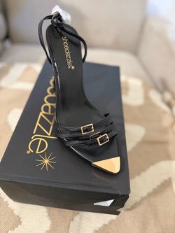 ShoeDazzle Black Strappy Heels with Gold Hardware