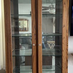 2 Oak Lighted Cabinets With Glass And Mirror