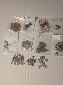 Lot of 11 Rhinestone Brooches and Pins