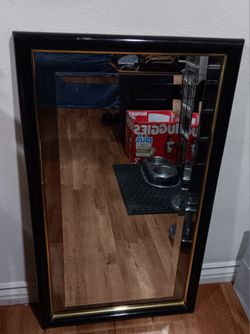 American antique vintage black & Gold very heavy wooden frame beveled glass wall-floor mirror 36.25"w×2.5'D×54"H mid- 29th century