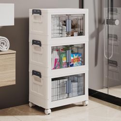 Folding Storage box with Doors and Wheels, Collapsible Plastic Storage Bins for Closets, 3 Pack Cube