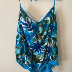NEW, 3X, tankini 2pc swimsuit, festive colors- blue green white. Bikini bottom.