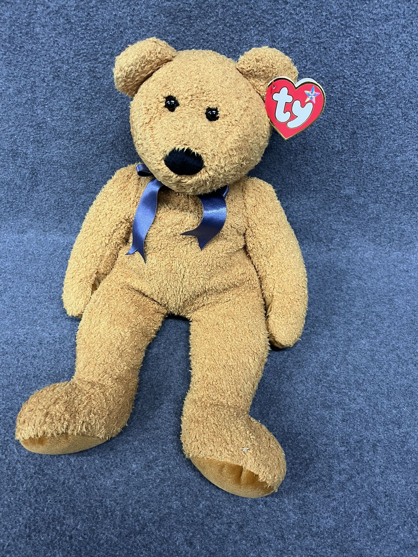 1999 TY Beanie Buddies Buddy Large Fuzz 20" Brown Teddy Bear Blue Bow