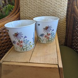 2 Floral Tin Flower Pots 