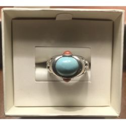 Beautiful Sterling Silver (925) Turquoise And Coral Ring Size 7