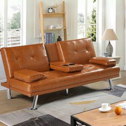 66” Executive Tan PU Leather Sleeper Sofa / Futon w/ Side Pillows [NEW IN BOX] **Retails for $269